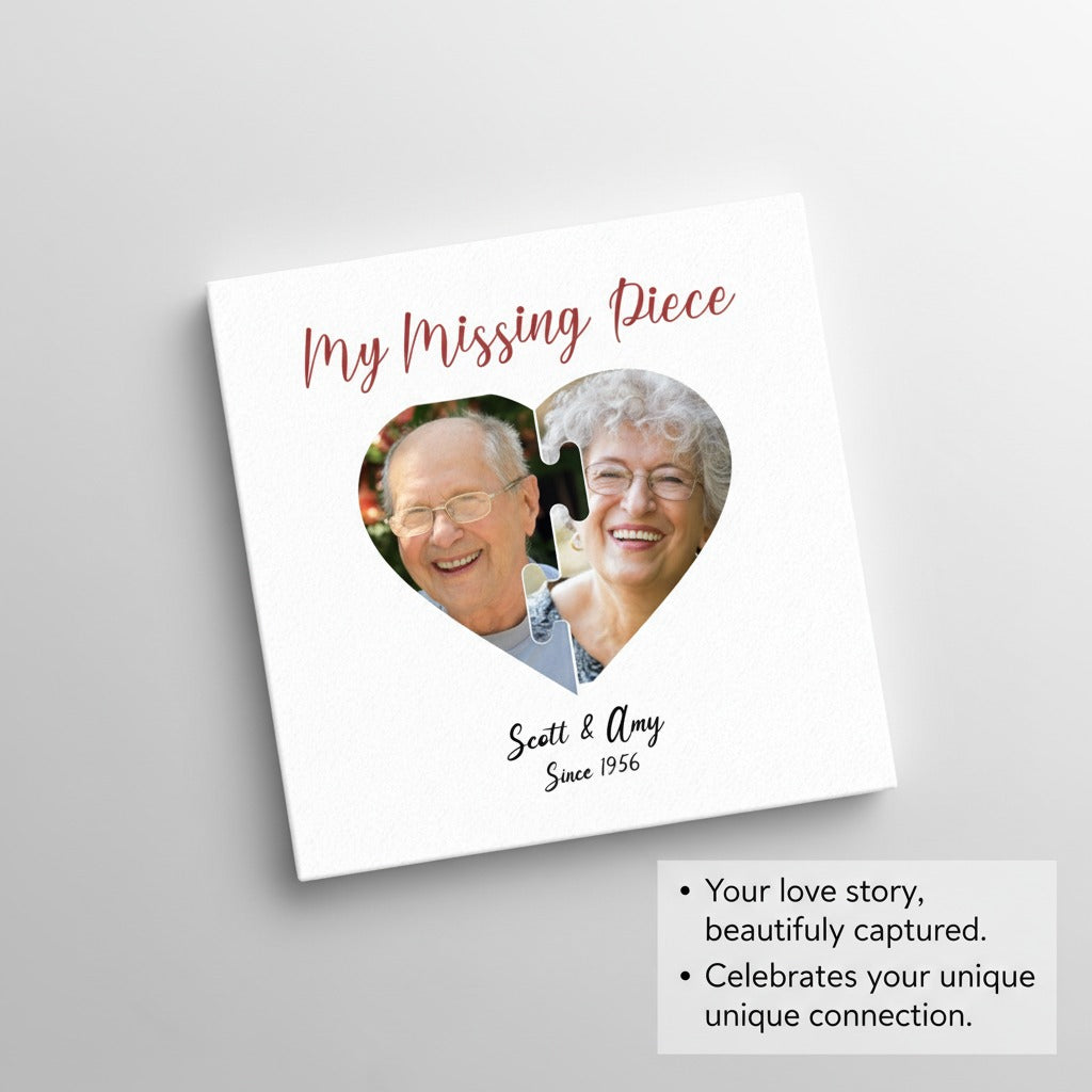 Canvas Sign with a heart-shaped cutout featuring a couple and text 'My Missing Piece' on a gray background