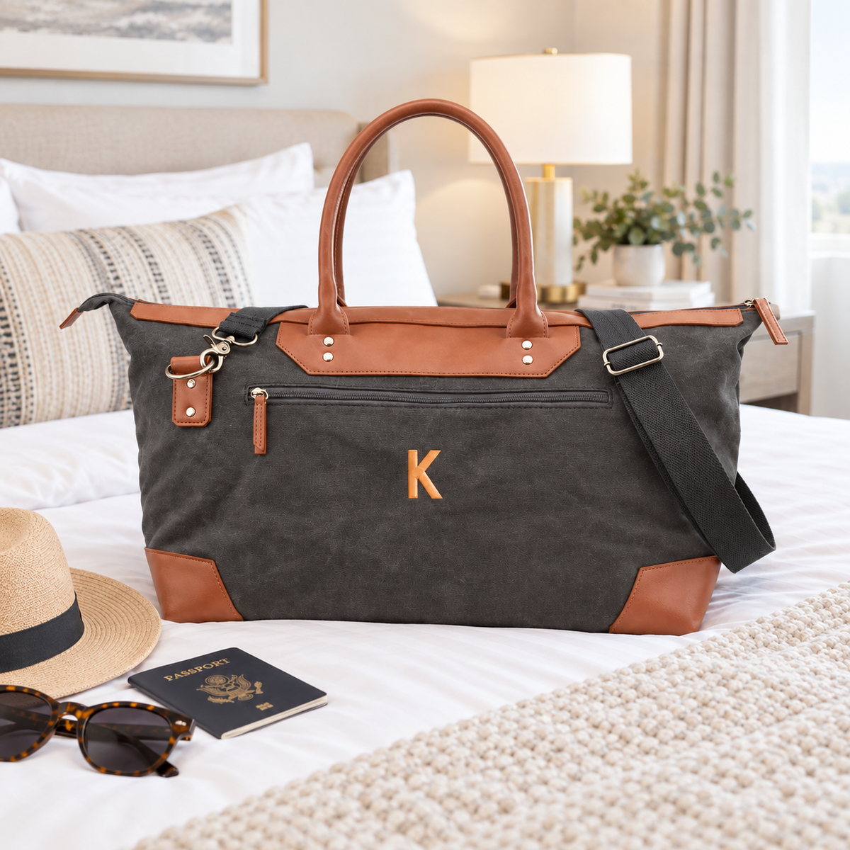 A dark gray canvas and brown leather duffel bag with a monogrammed gold letter 'K' sits on a bed with travel props including a straw hat, sunglasses, a passport, and a lamp in the background.