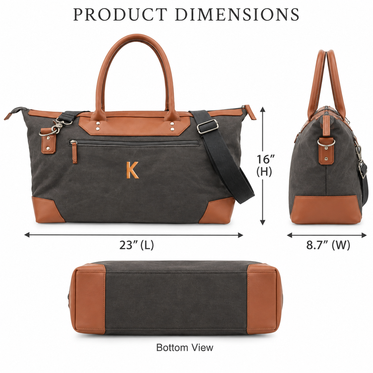 Product dimensions diagram for a dark gray and brown duffel bag, showing front, side, and bottom views with measurements labeled 23" (L), 8.7" (W), and 16" (H) on a white background.