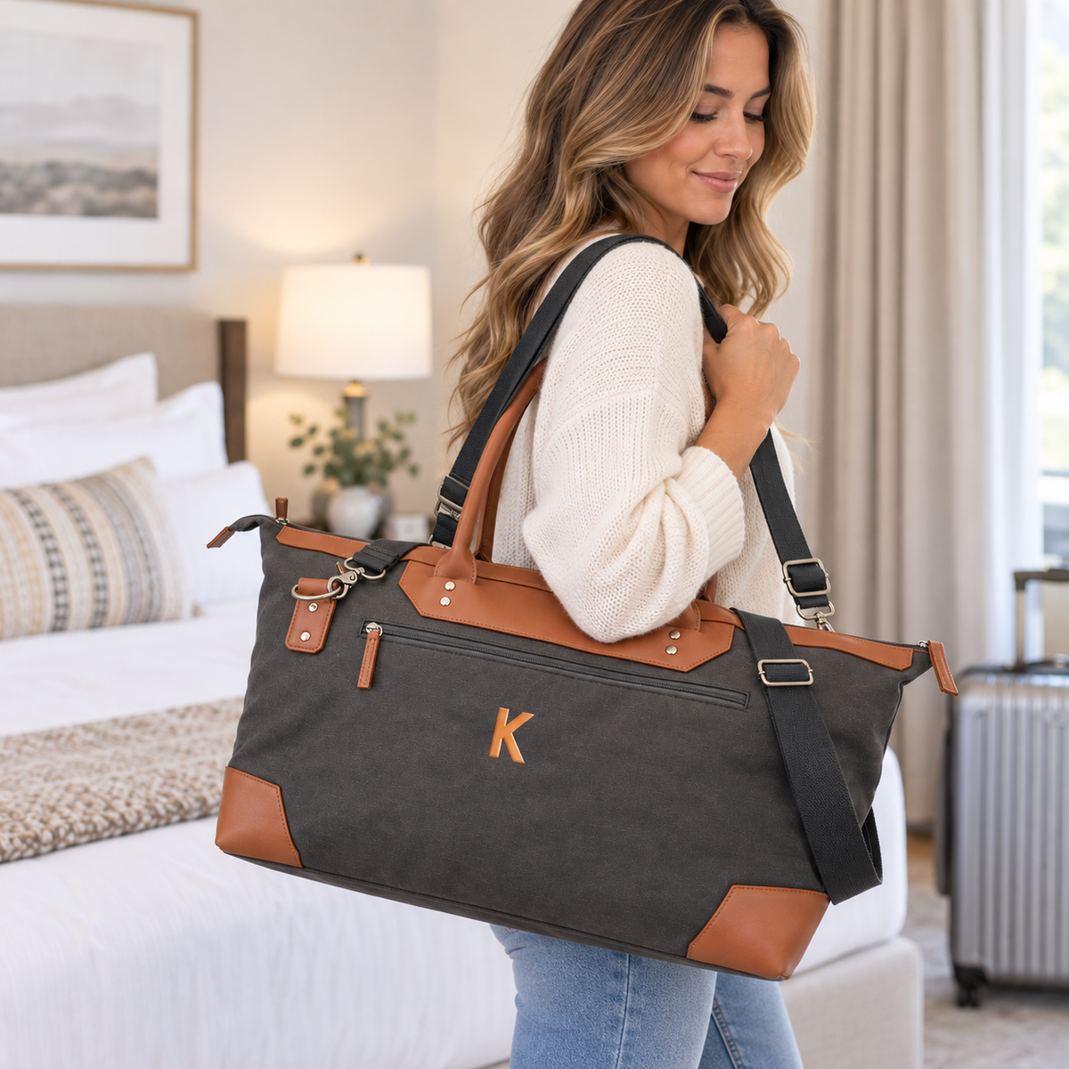 A woman in a cream sweater and jeans carries a large dark gray and tan travel tote bag with a monogram 'K' in a bright, modern bedroom setting.