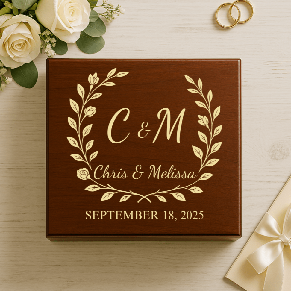 Custom engraved wedding keepsake box with couple’s names, wedding date, and optional inside message, perfect for storing cherished memories