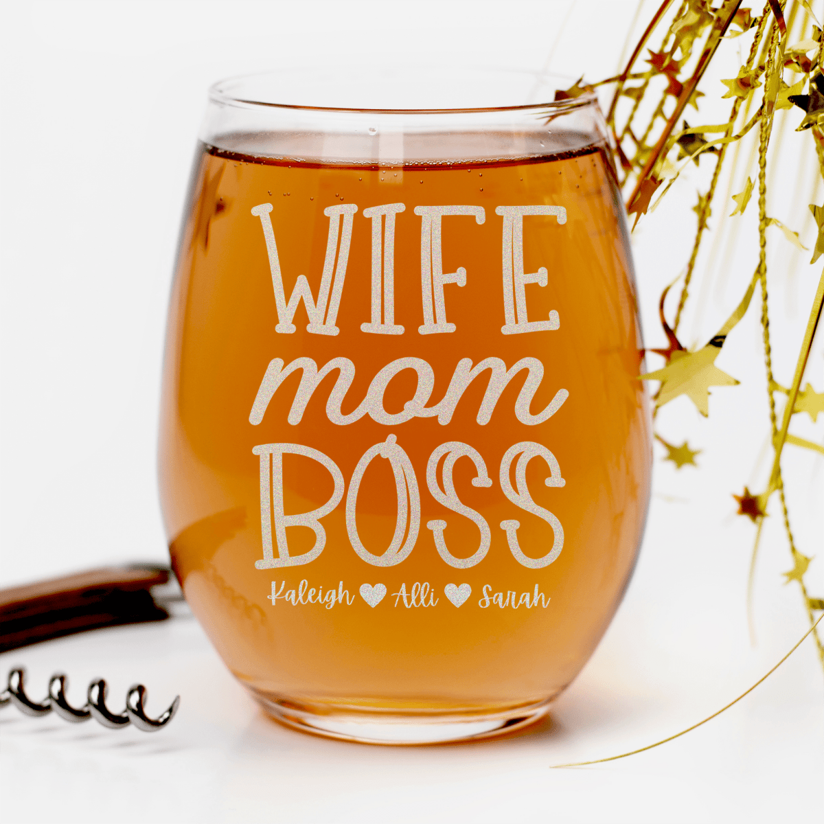 Wife Mom Boss Stemless Wine Glass