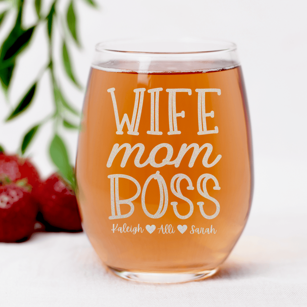 Personalized Wife Mom Boss Stemless Wine Glass for her, Customized Gifts for Women by Groovy Girl Gifts
