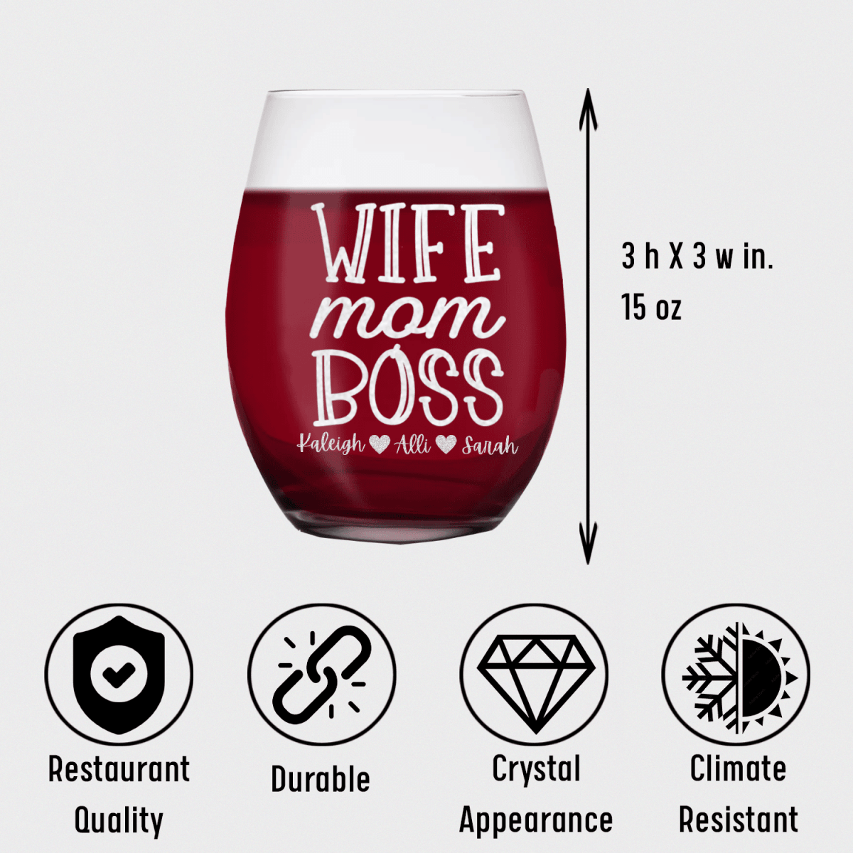 Personalized Wife Mom Boss Stemless Wine Glass for her, Customized Gifts for Women by Groovy Girl Gifts