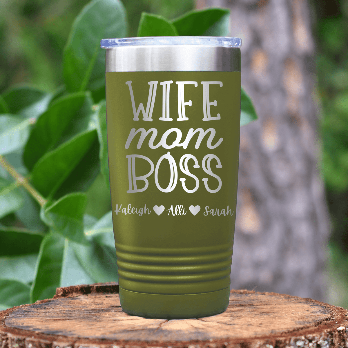 Military Green Mothers Day Tumbler With Wife Mom Boss Design