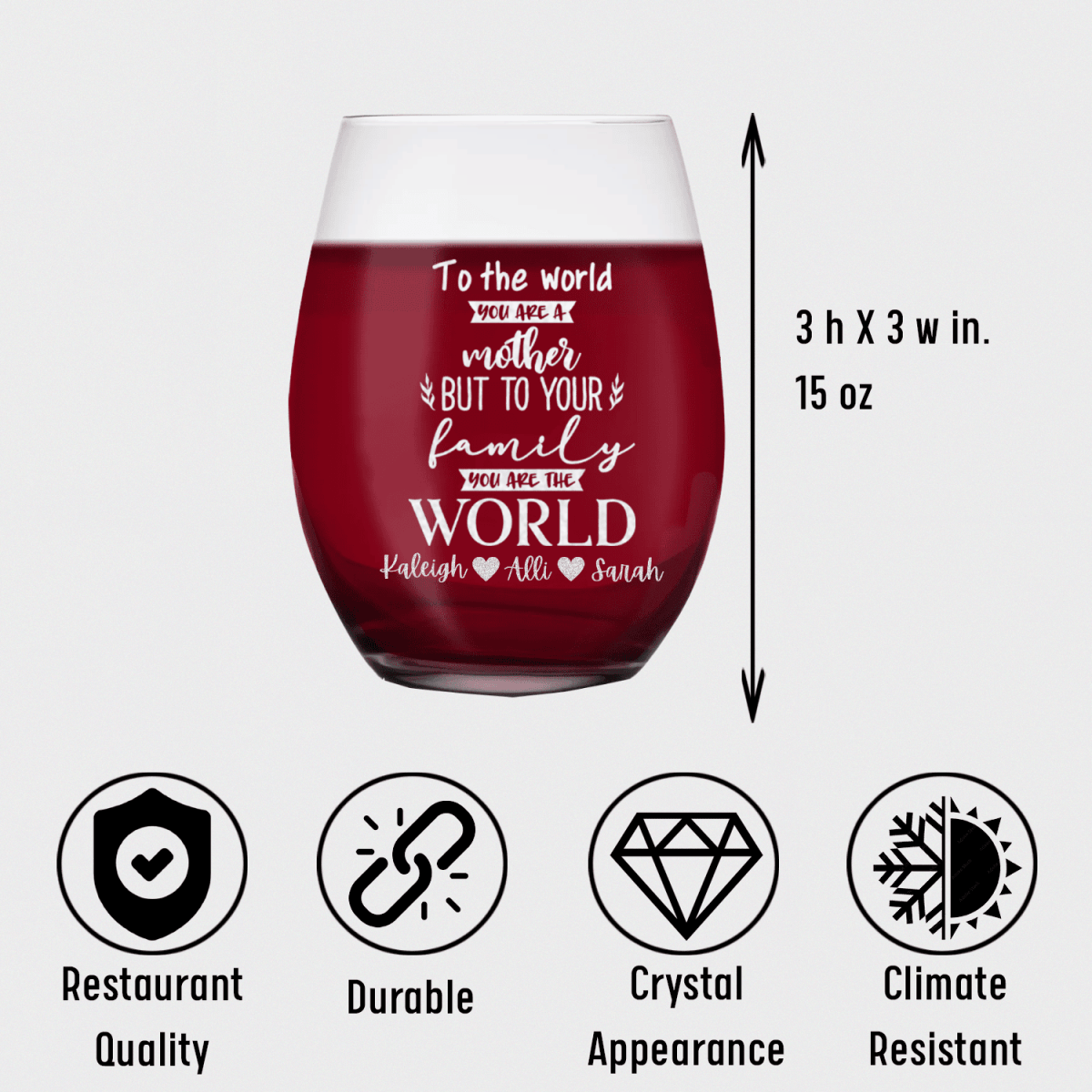 Personalized You Are My World Stemless Wine Glass for her, Customized Gifts for Women by Groovy Girl Gifts