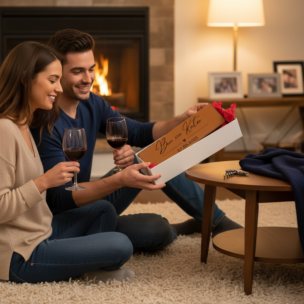 Couple holding personalized wine box engraved with sample names "Ben and Vale" and date "07.08.2023", displayed in cozy living room setting by fireplace.