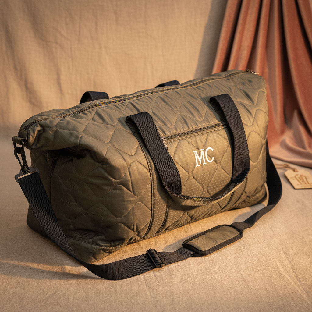 Olive green quilted duffel bag with black straps and handles, personalized with sample initials "MC" in white embroidery on the front pocket