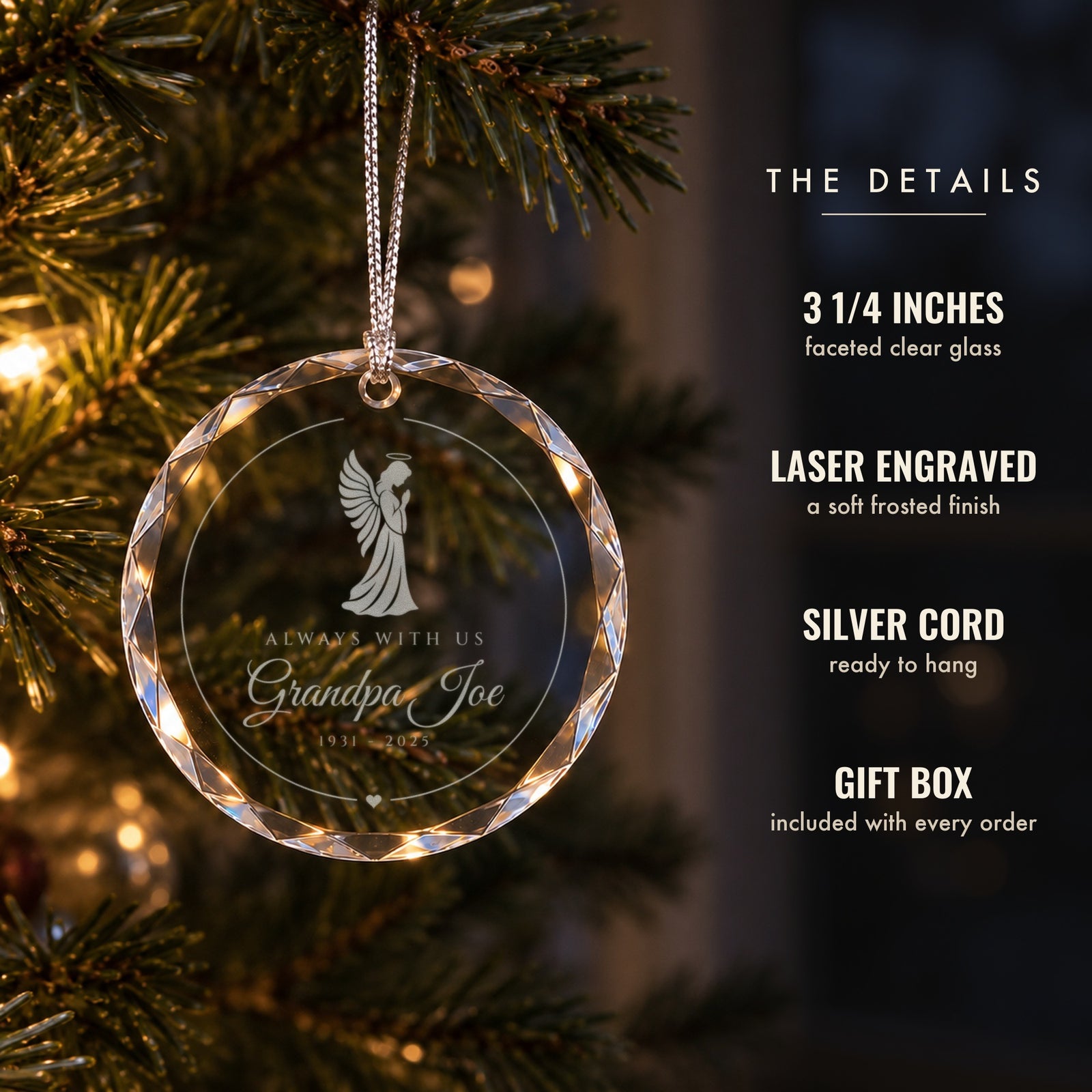 Details of the angel memorial glass ornament: 3 1/4 inch faceted clear glass, frosted laser engraving, silver hanging cord and gift box