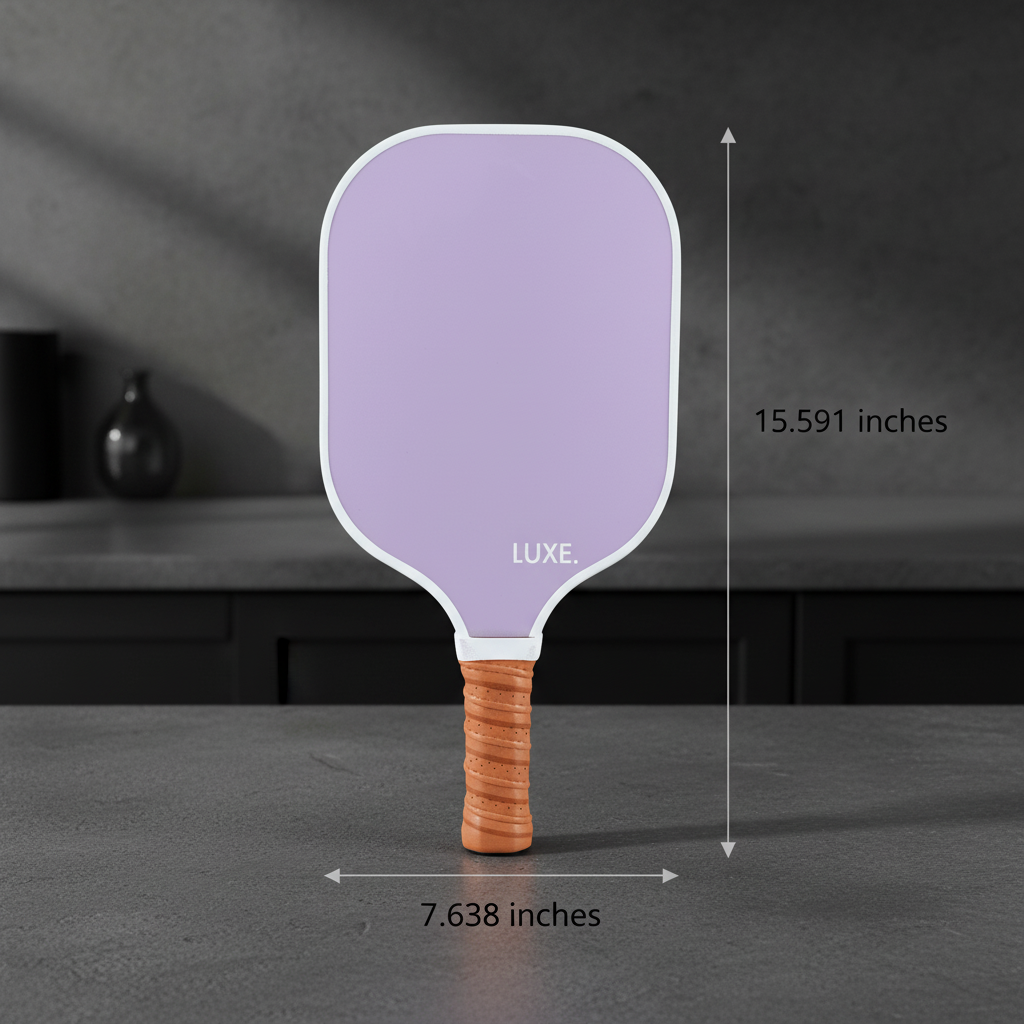 Lavender pickleball paddle with white edge trim and wrapped orange handle, shown with dimension measurements of 15.591 inches tall and 7.638 inches wide