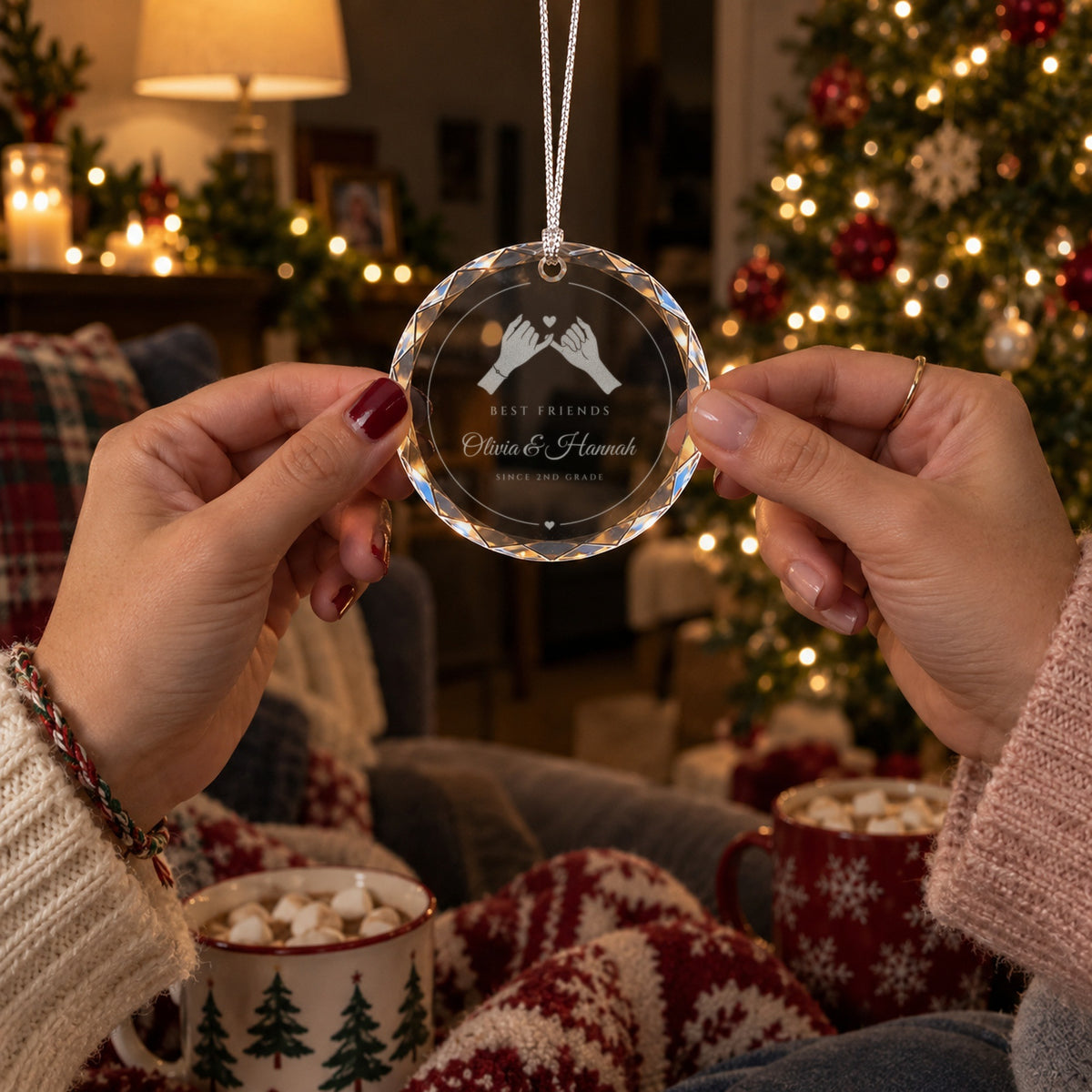 Two best friends holding the engraved pinky promise Christmas ornament together over cocoa, reading Best Friends, Olivia & Hannah