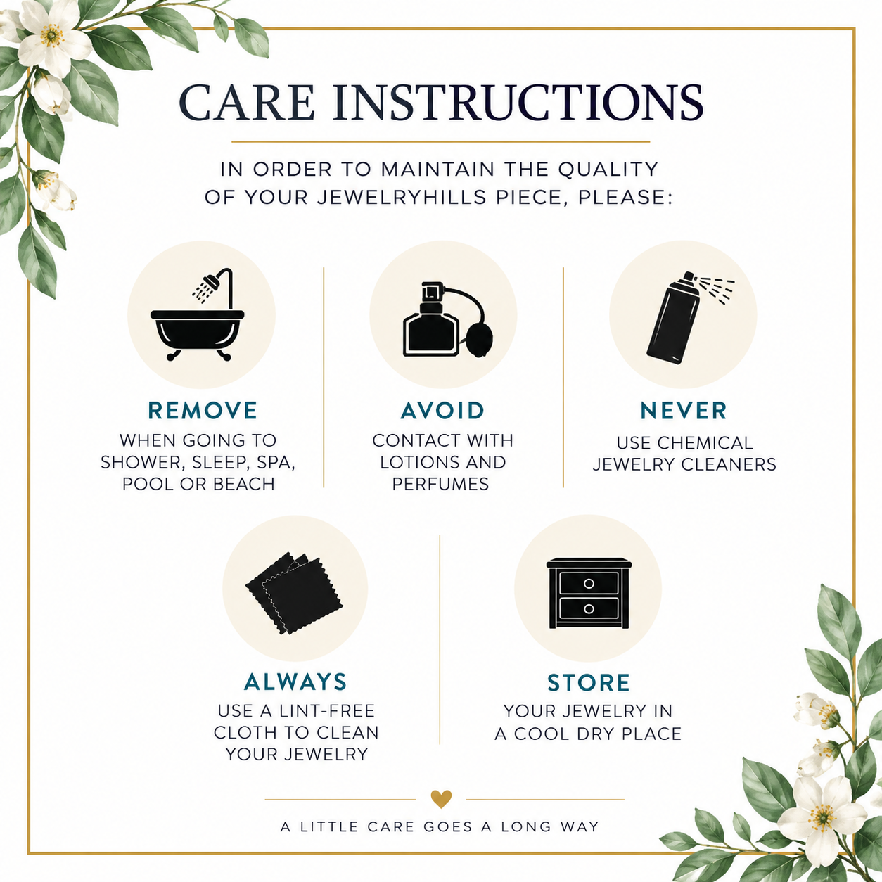 Care instructions graphic for jewelry, featuring five illustrated tips with icons and text: remove jewelry when showering, sleeping, spaing, swimming, or beaching; avoid contact with lotions and perfumes; never use chemical jewelry cleaners; always clean with a lint-free cloth; and store in a cool dry place. The design has a cream background with green leaves and white flowers in the corners, and the text 'CARE INSTRUCTIONS' at the top and 'A LITTLE CARE GOES A LONG WAY' at the bottom.
