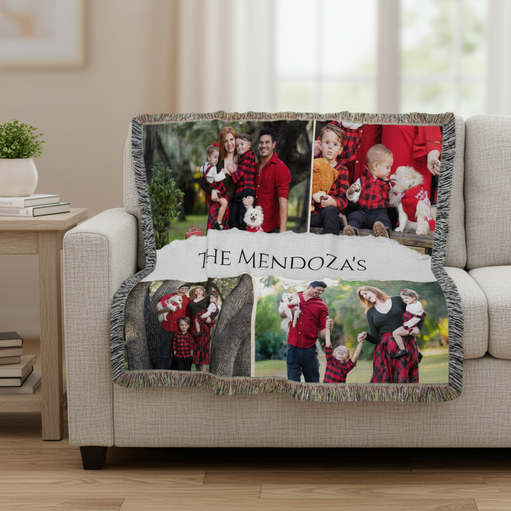 Woven blanket draped over a couch back displaying multiple family photos arranged together with custom text