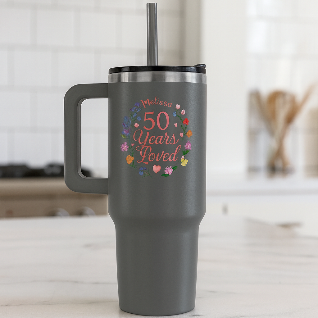 Personalized 50 Years Loved tumbler with floral wreath design for 50th birthday
