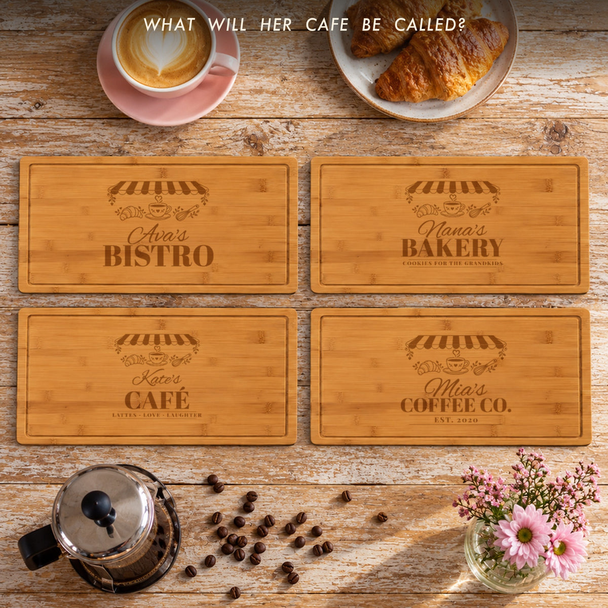 Four cafe sign cutting board ideas: Ava's Bistro, Nana's Bakery, Kate's Café and Mia's Coffee Co., personalized gifts for coffee lovers and bakers