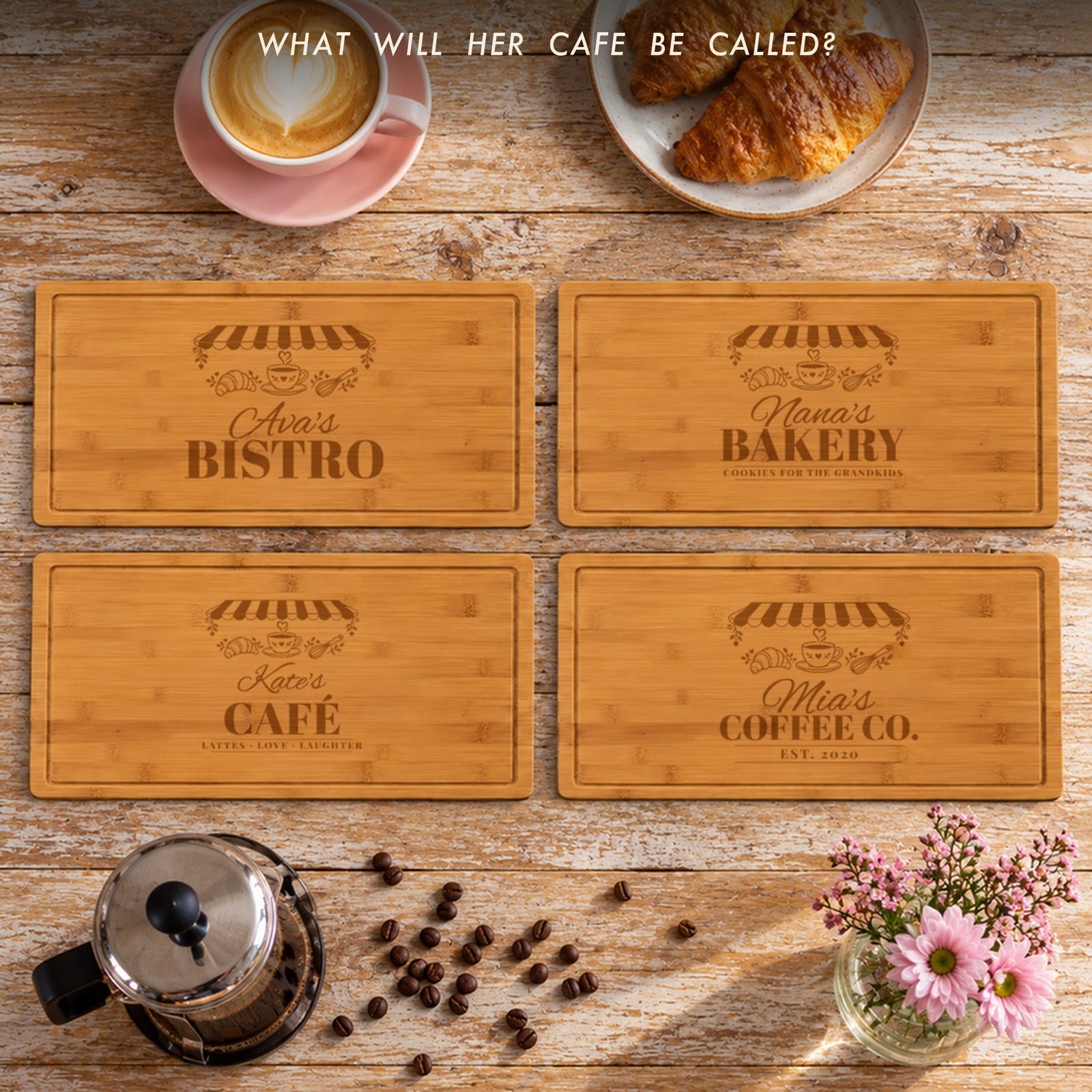 Four cafe sign cutting board ideas: Ava's Bistro, Nana's Bakery, Kate's Café and Mia's Coffee Co., personalized gifts for coffee lovers and bakers