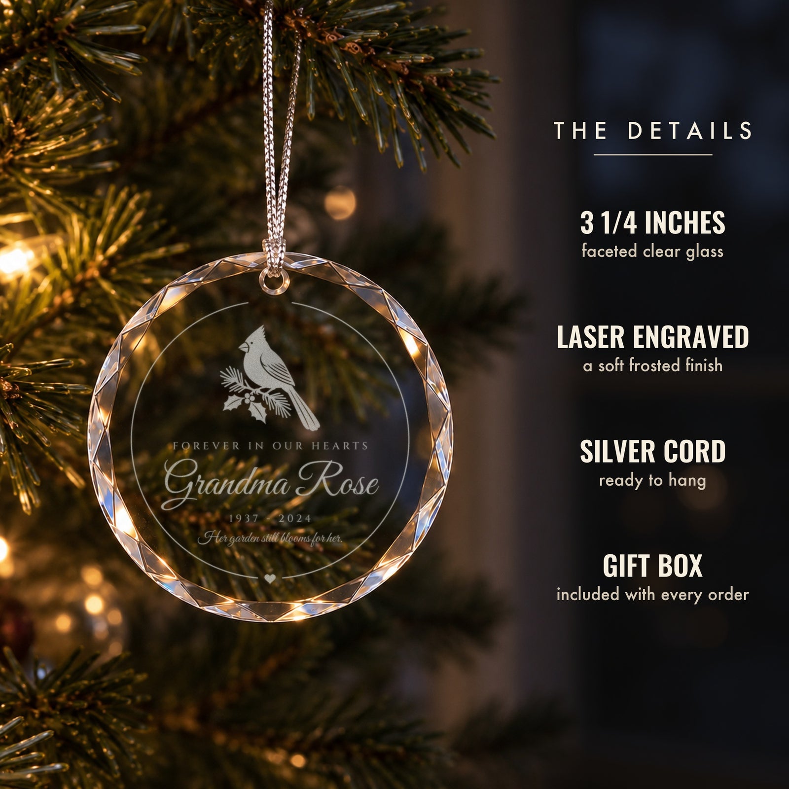 Details of the cardinal memorial glass ornament: 3 1/4 inch faceted clear glass, frosted laser engraving, silver hanging cord and gift box