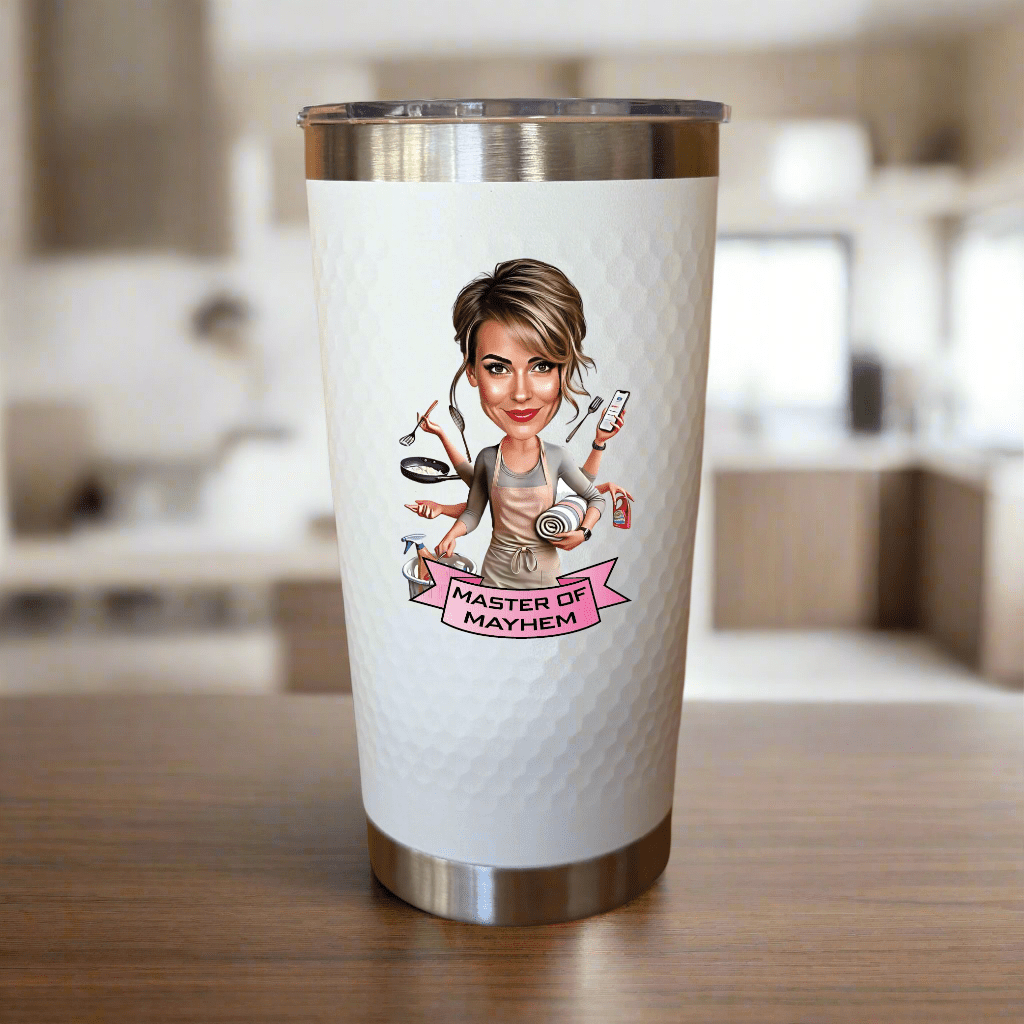 Personalized tumbler for moms featuring a custom caricature with multiple arms, showcasing a busy mother juggling tasks, with &#39;Master of Mayhem&#39; banner on a white insulated cup.