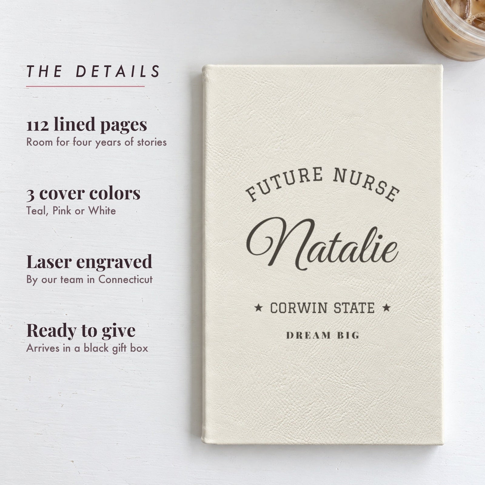 Details of the engraved college journal for her: 112 lined pages, 3 cover colors, engraved, gift box, shown in white as Future Nurse, Natalie