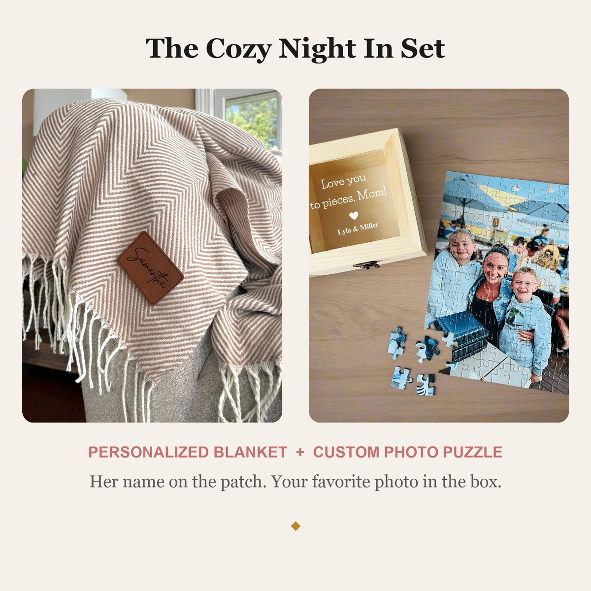Cozy Night In Set with personalized herringbone throw blanket showing an engraved leather name patch beside a custom 100-piece photo puzzle and engraved wood gift box
