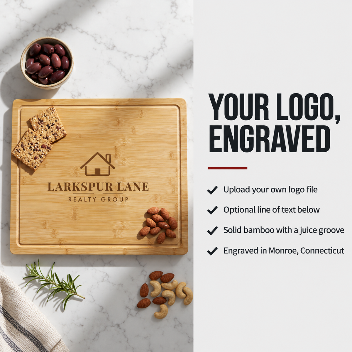 Custom engraved cutting board details: a solid bamboo board with a juice groove engraved with the Larkspur Lane Realty Group logo, with notes on adding your own logo