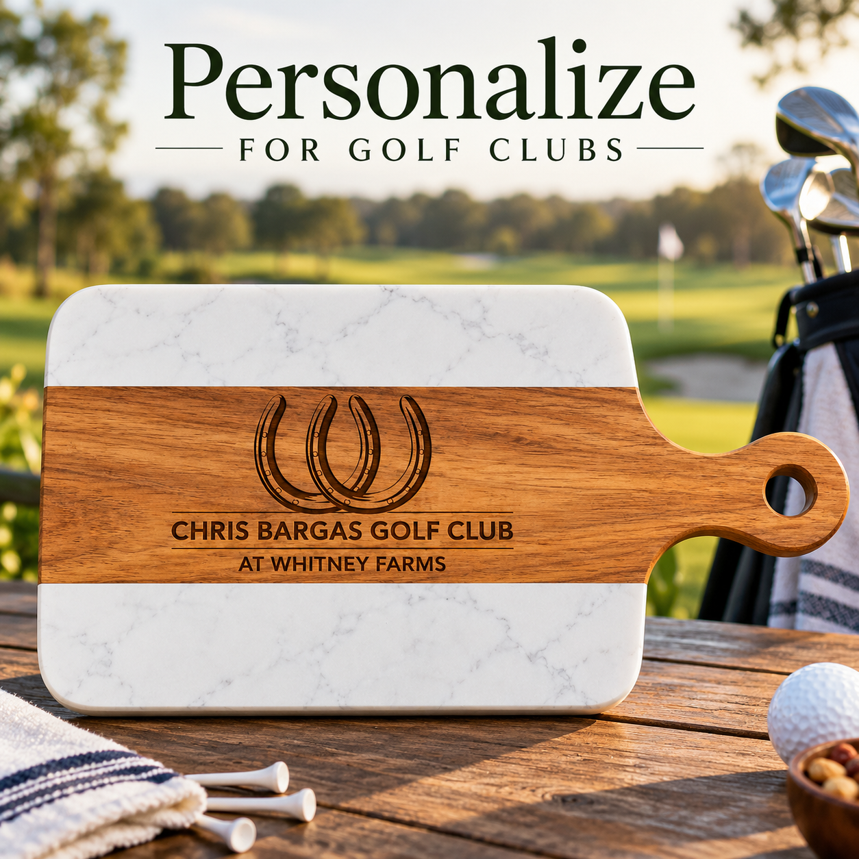 Custom logo charcuterie board engraved with a golf club's horseshoe emblem and name, staged on an outdoor patio table near a golf course.