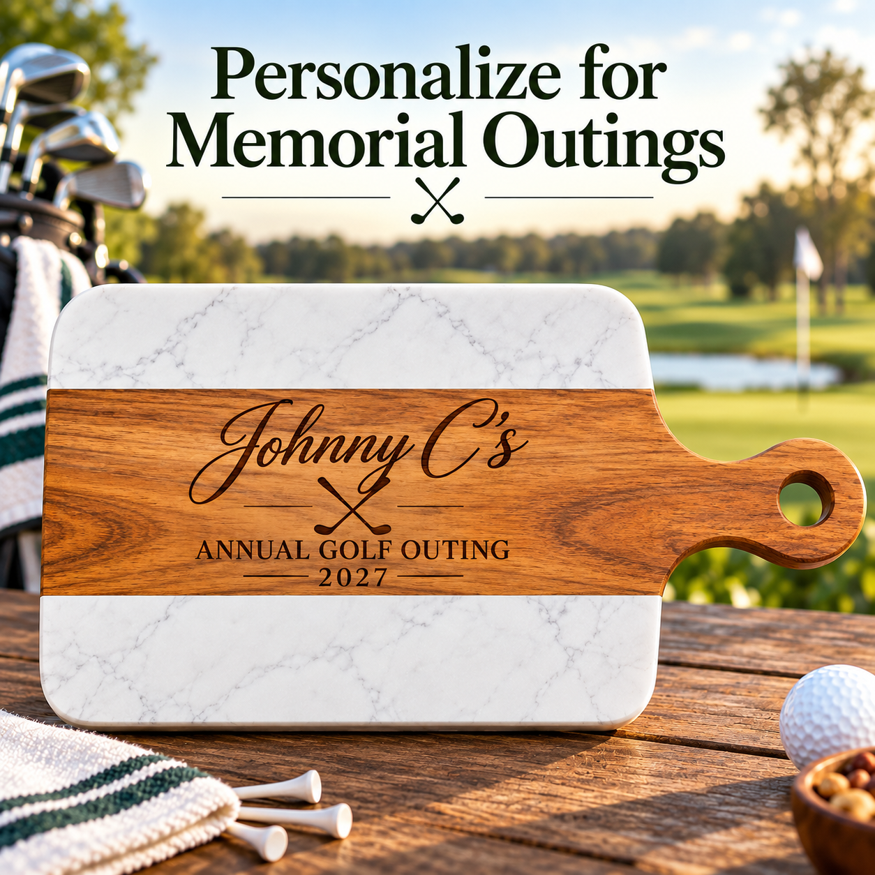 Personalized charcuterie board engraved with a memorial golf outing name and crossed golf clubs, displayed beside golf tees and a golf ball.