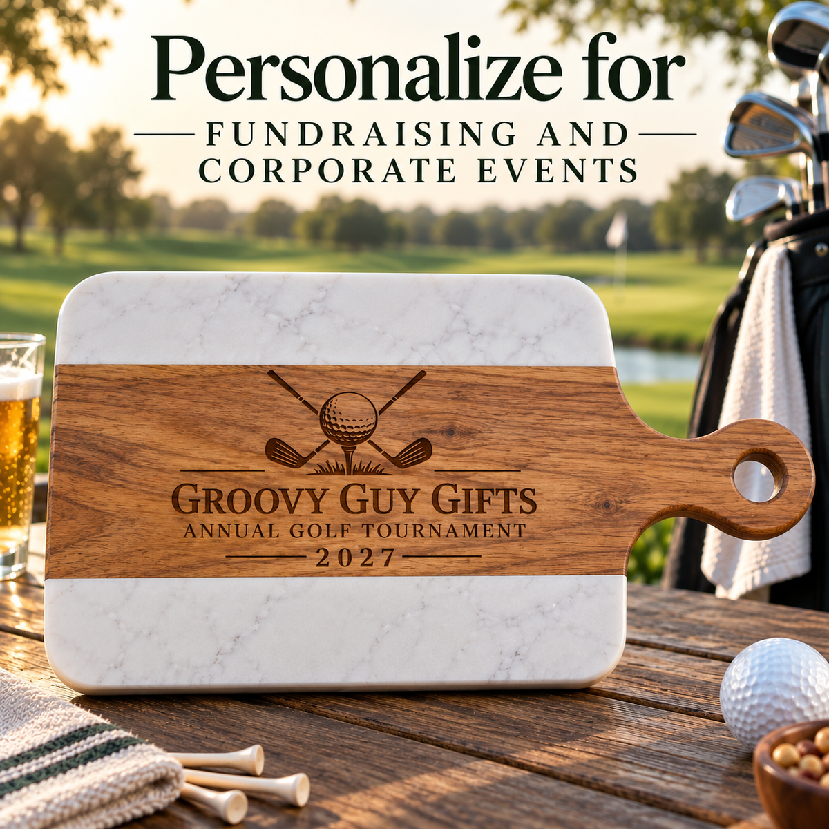 Custom logo charcuterie board styled with grapes, cheese, crackers, and prosciutto, shown above the four included wood-handled cheese tools.