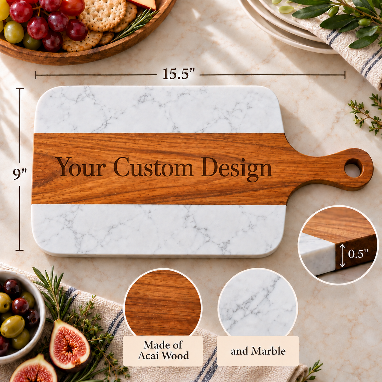 marble and acacia wood charcuterie/cutting board with Your Custom Design and Dimensions 