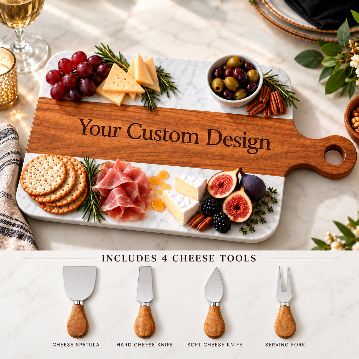 A wooden custom charcuterie board with a marble tray styled with cheese, crackers, grapes, olives, and figs, plus a bottom panel showing four included cheese tools. The board has placeholder text reading 'Your Custom Design'.