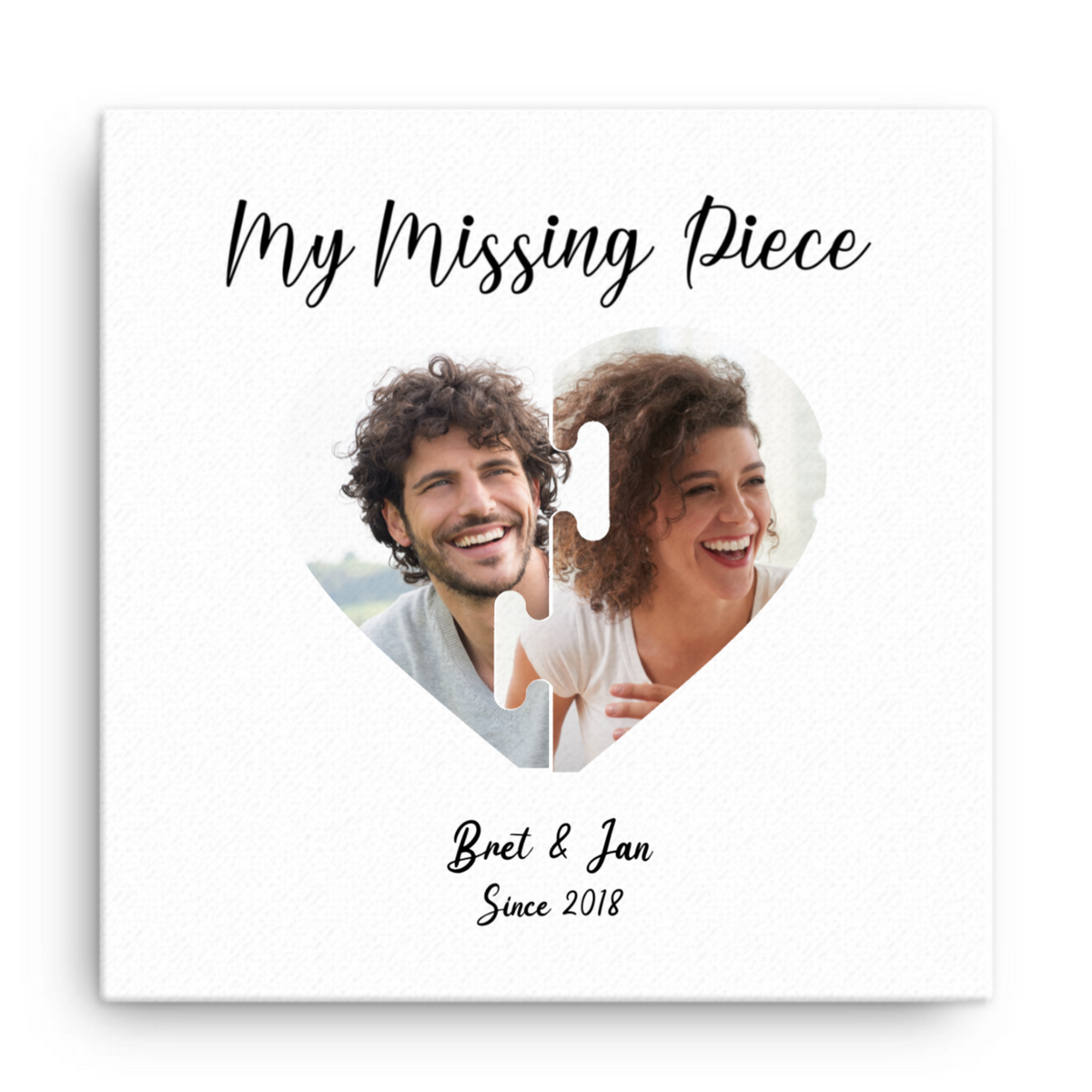 Heart puzzle canvas with personalized couple photos, names, and date