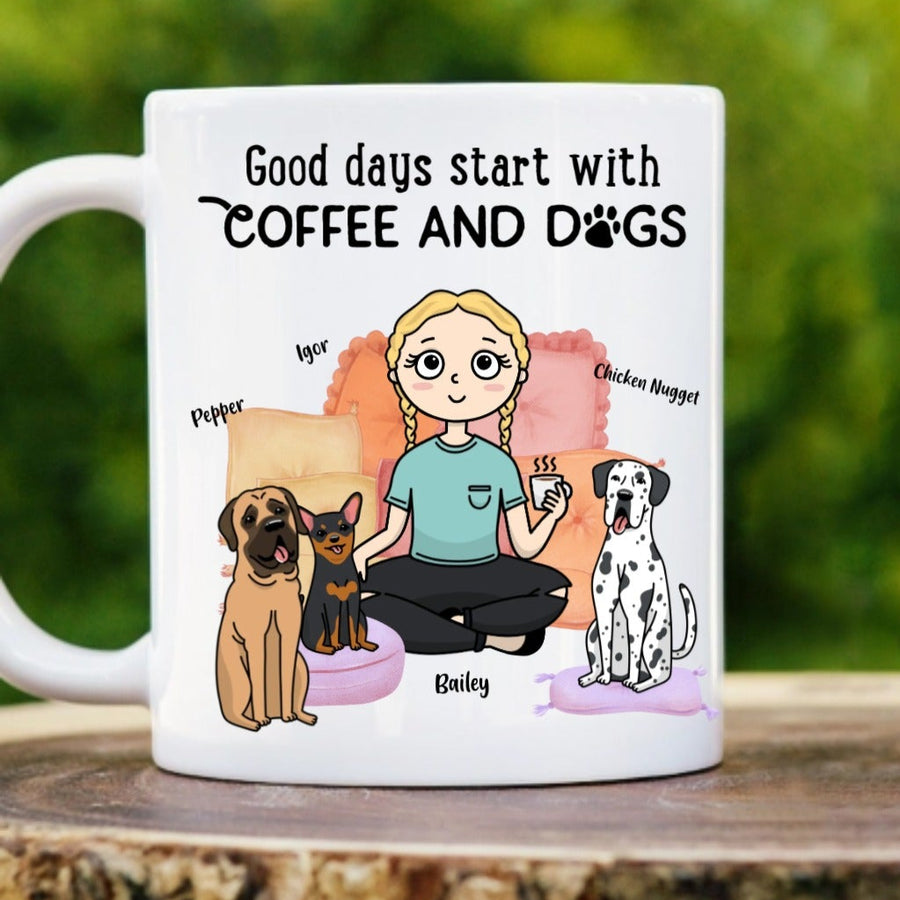 White ceramic mug printed with "Good days start with coffee and dogs" text, illustrated woman with blonde braids holding coffee cup, and three sample dogs labeled Pepper, Igor, and Chicken Nugget with Bailey name shown below.