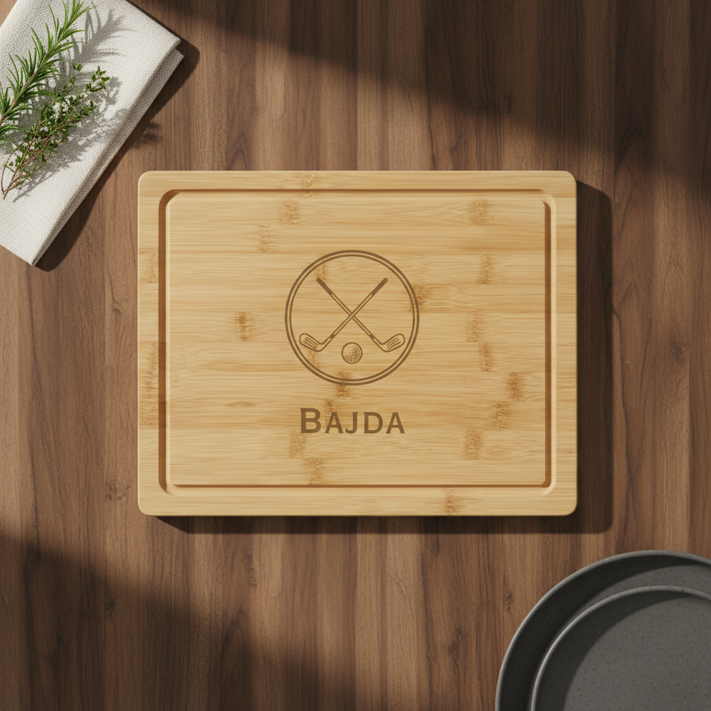 Close-up of the laser-engraved crossed golf clubs and personalized name on the Fairway Hostess Cutting Board