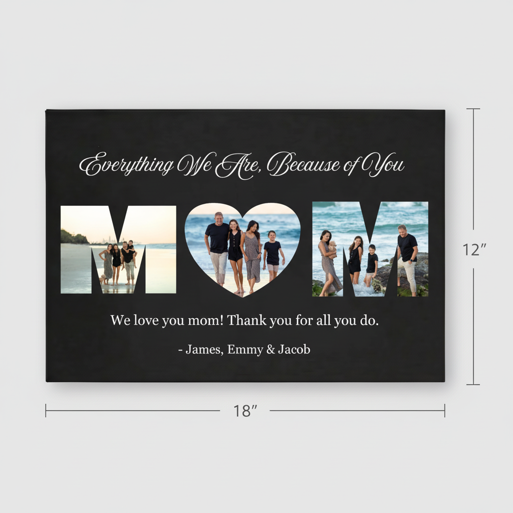 Black wall sign with sample photos spelling "MOM" and heart shape, featuring script text "Everything We Are, Because of You" and sample names James, Emmy & Jacob, measuring 18" x 12