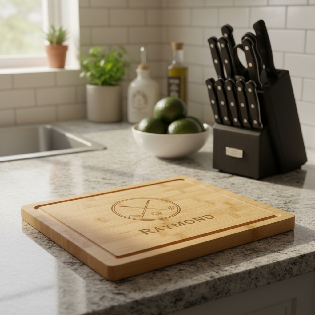 Personalized golf charcuterie board for her, laser-engraved with crossed clubs and a name in Monroe, Connecticut