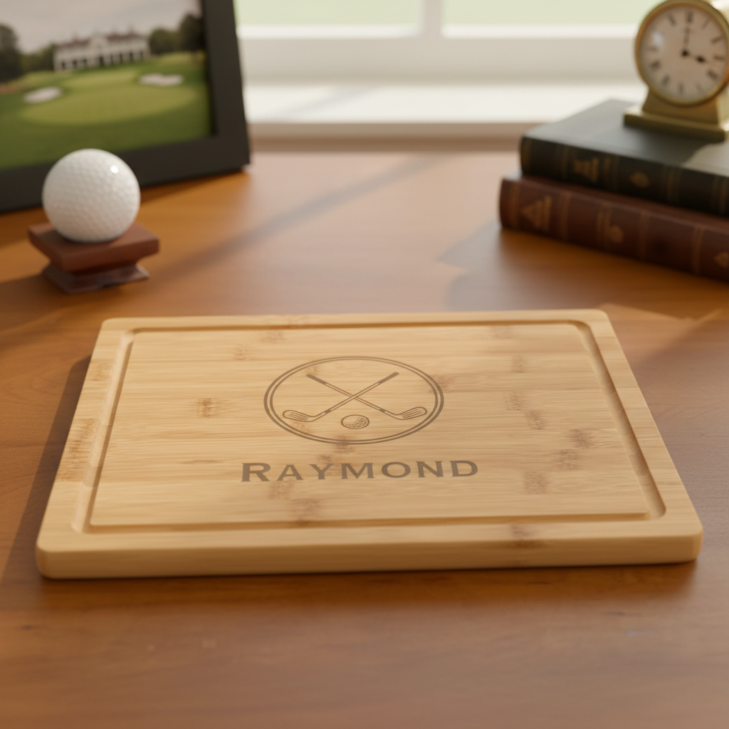 Bamboo cutting board with integrated juice groove, personalized with crossed golf clubs design for the golfer in your life