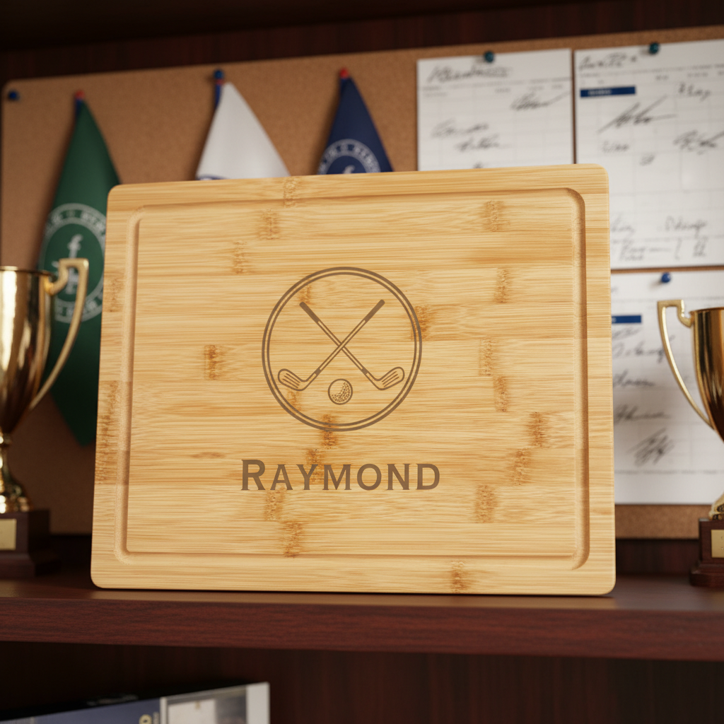 Fairway Hostess personalized bamboo cutting board engraved with crossed golf clubs and a name, on Groovy Girl Gifts
