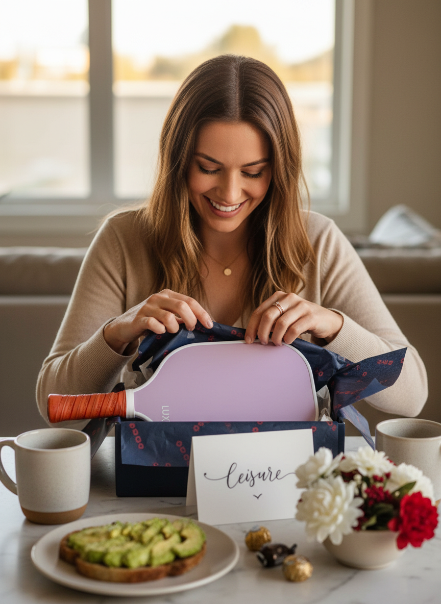 Woman unboxing lavender pickleball paddle from navy patterned gift box, with fiberglass face and wrapped handle visible in packaging setup