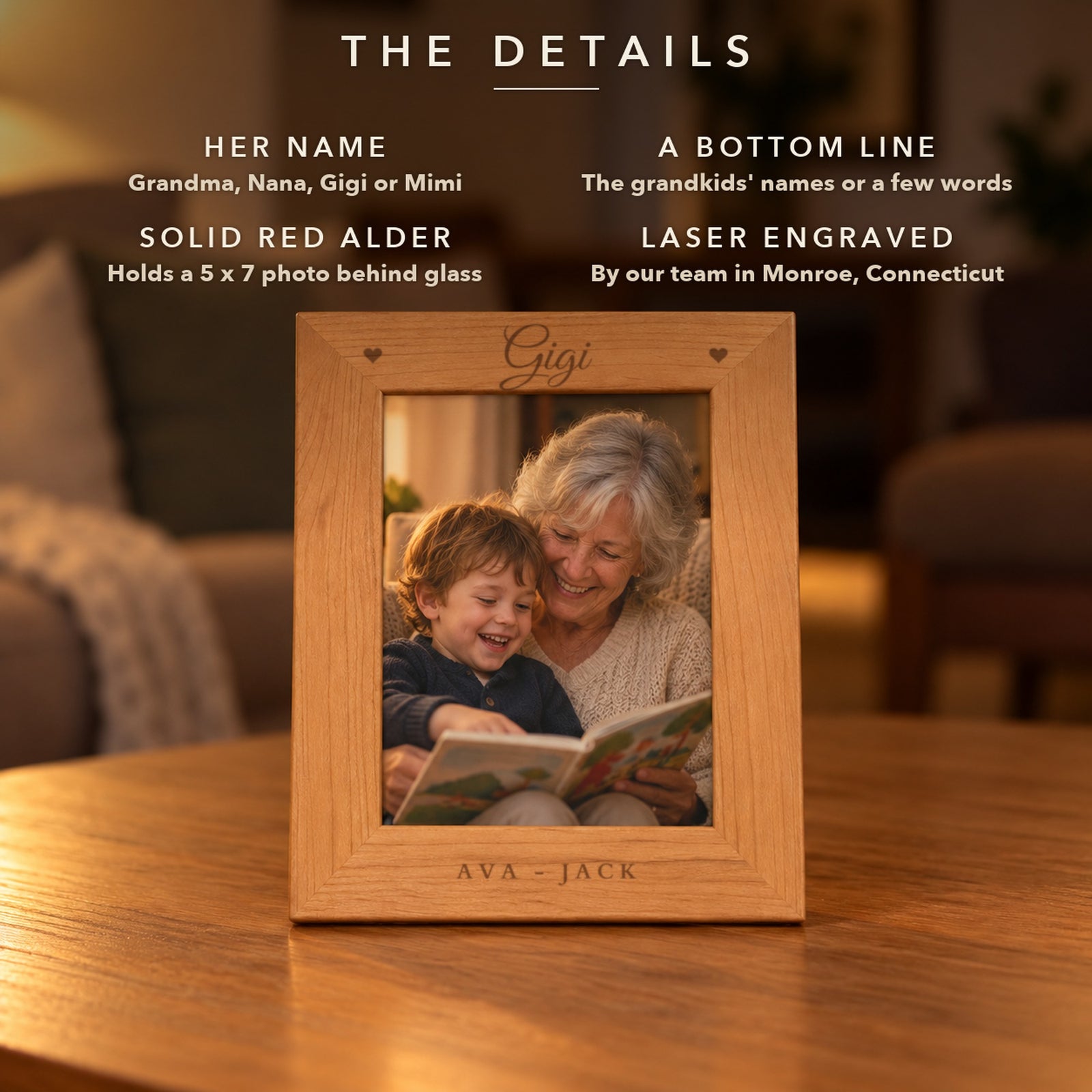 Details of the engraved grandma picture frame: her name in script, an optional bottom line, solid red alder holding a 5 x 7 photo, shown as Gigi