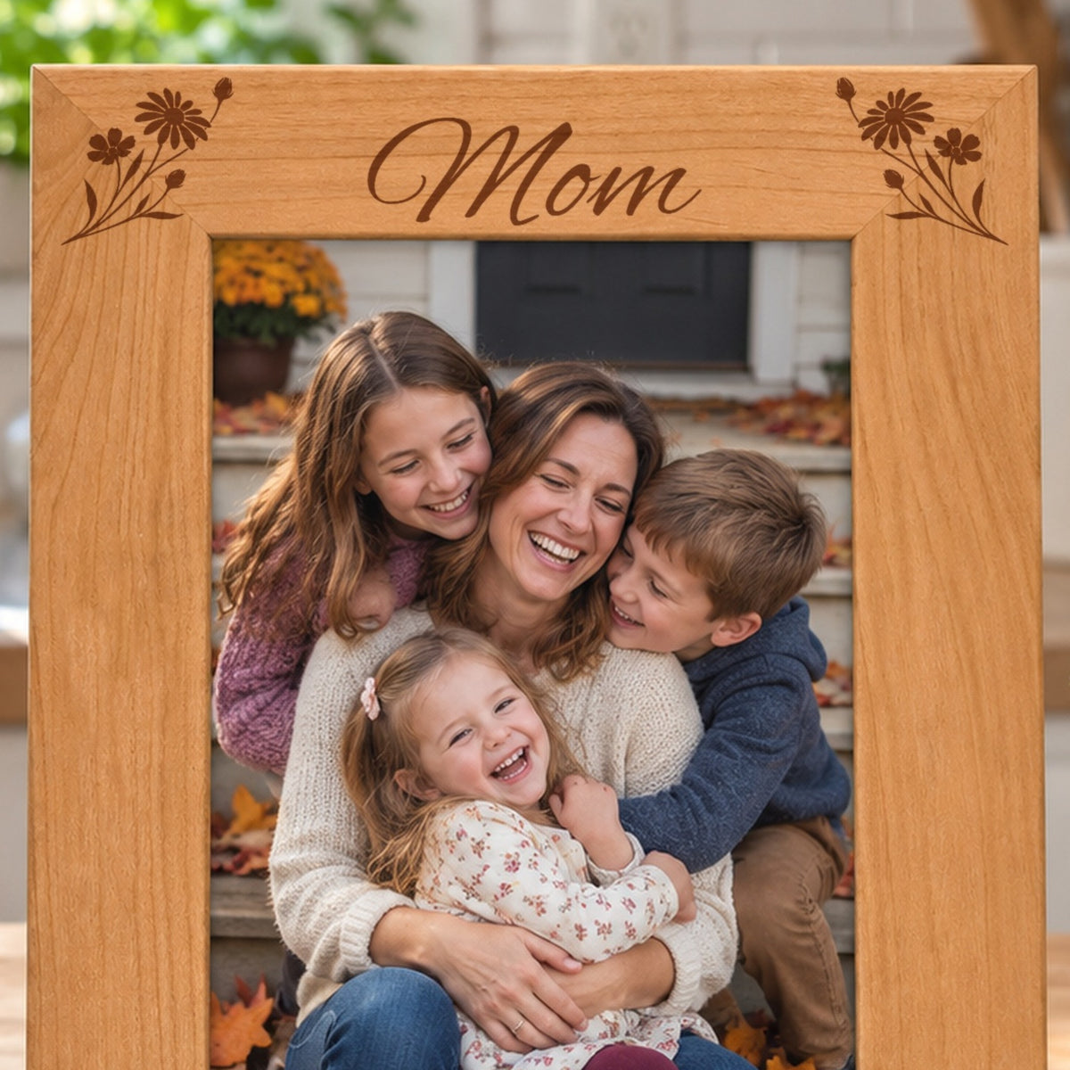 Close-up of Mom engraved in script between two hand-drawn wildflower sprays on the top border of a red alder mom picture frame