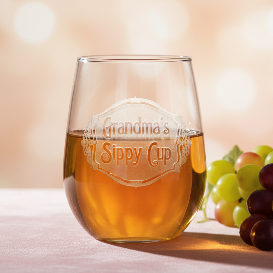 Stemless wine glass filled with amber liquid, engraved with sample text "Grandma's Sippy Cup" in decorative sand-carved design, displayed with fresh grapes beside it