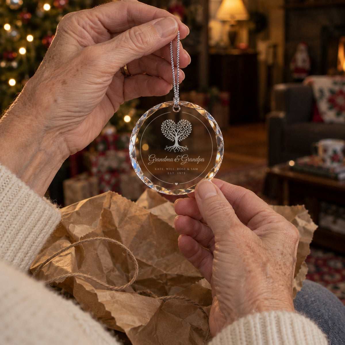 Grandma unwrapping the engraved family tree ornament from kraft paper, reading Grandma and Grandpa with the grandkids' names, a family gift