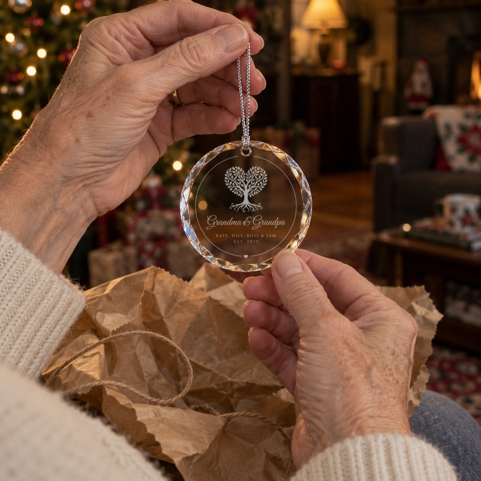 Grandma unwrapping the engraved family tree ornament from kraft paper, reading Grandma and Grandpa with the grandkids' names, a family gift