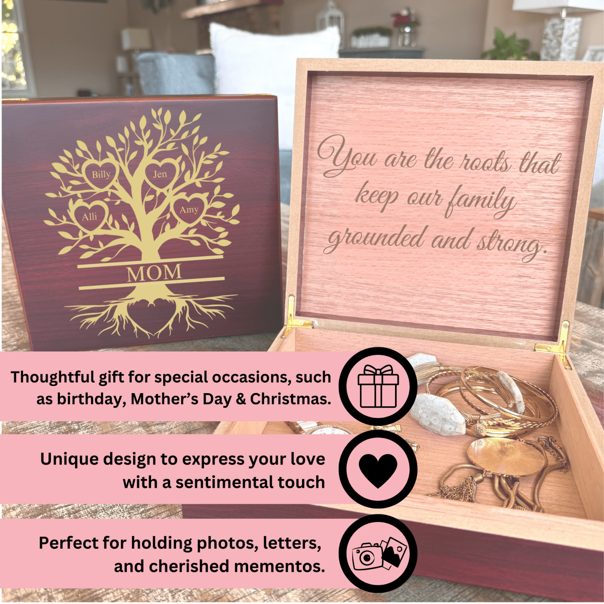 Personalized Custom Family Tree Keepsake Box for her, Customized Gifts for Women by Groovy Girl Gifts