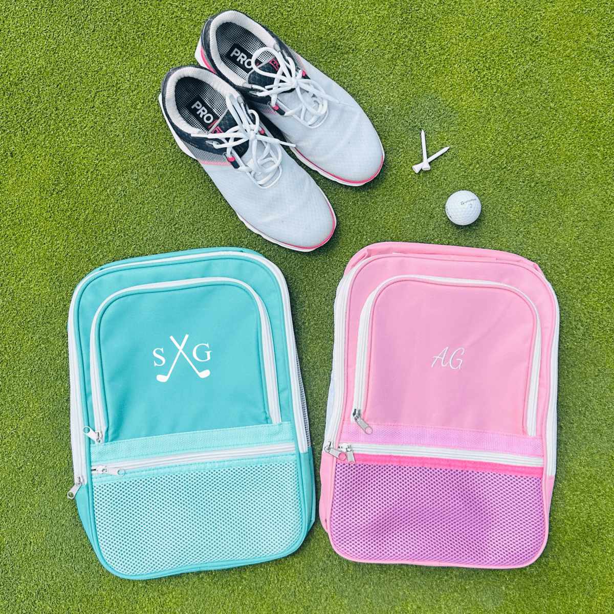 Personalized golf shoe bags for women with monogram initials, perfect for golf outings and travel