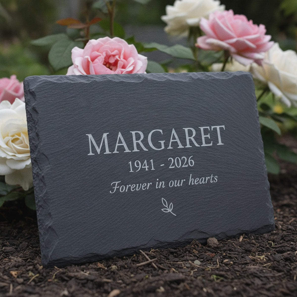 Personalized memorial garden stone in natural slate set in a rose bed, laser engraved with the sample name Margaret, the years 1941 to 2026 and a small leaf sprig