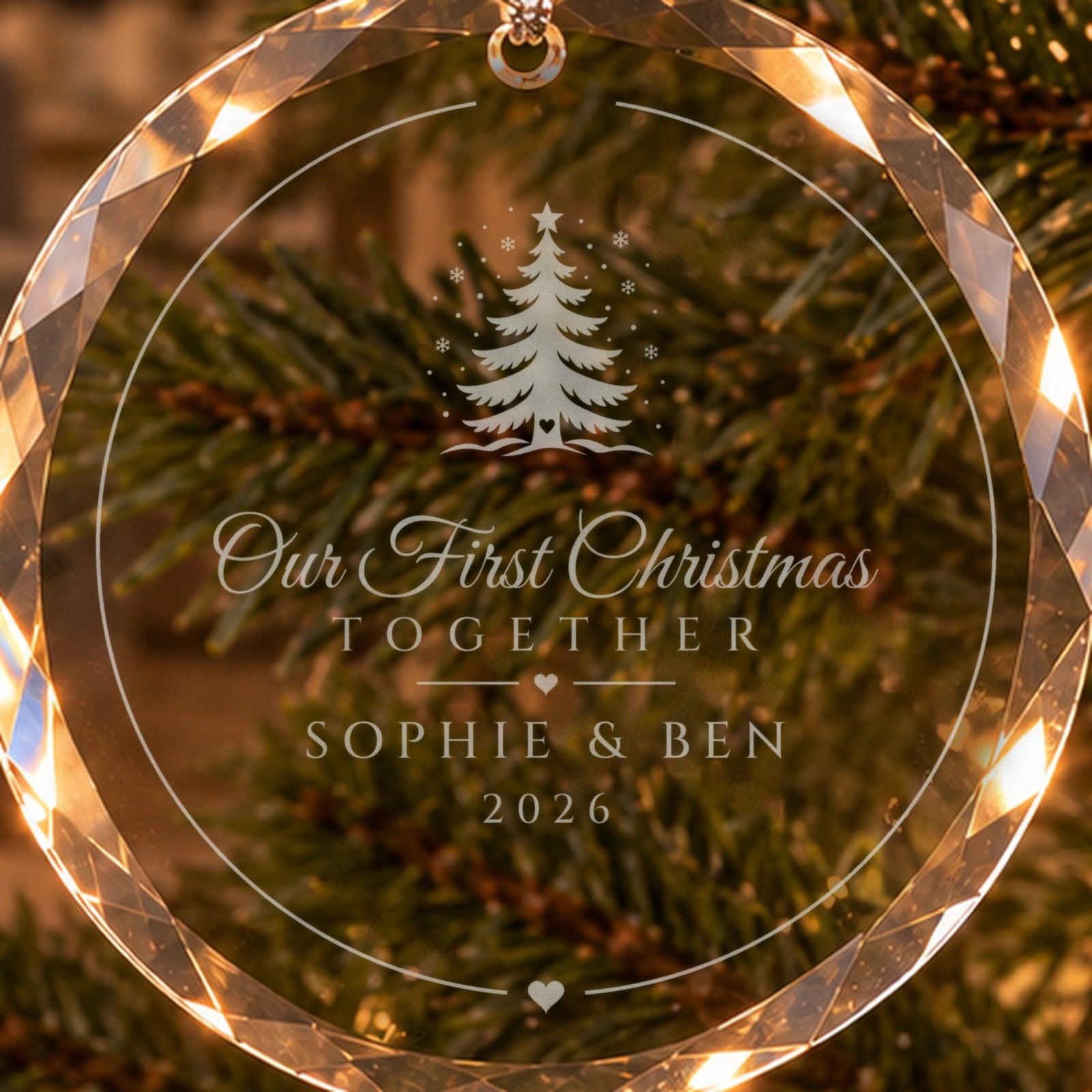 Close-up of the frosted engraving: a Christmas tree with falling snow, Our First Christmas Together, SOPHIE & BEN, 2026