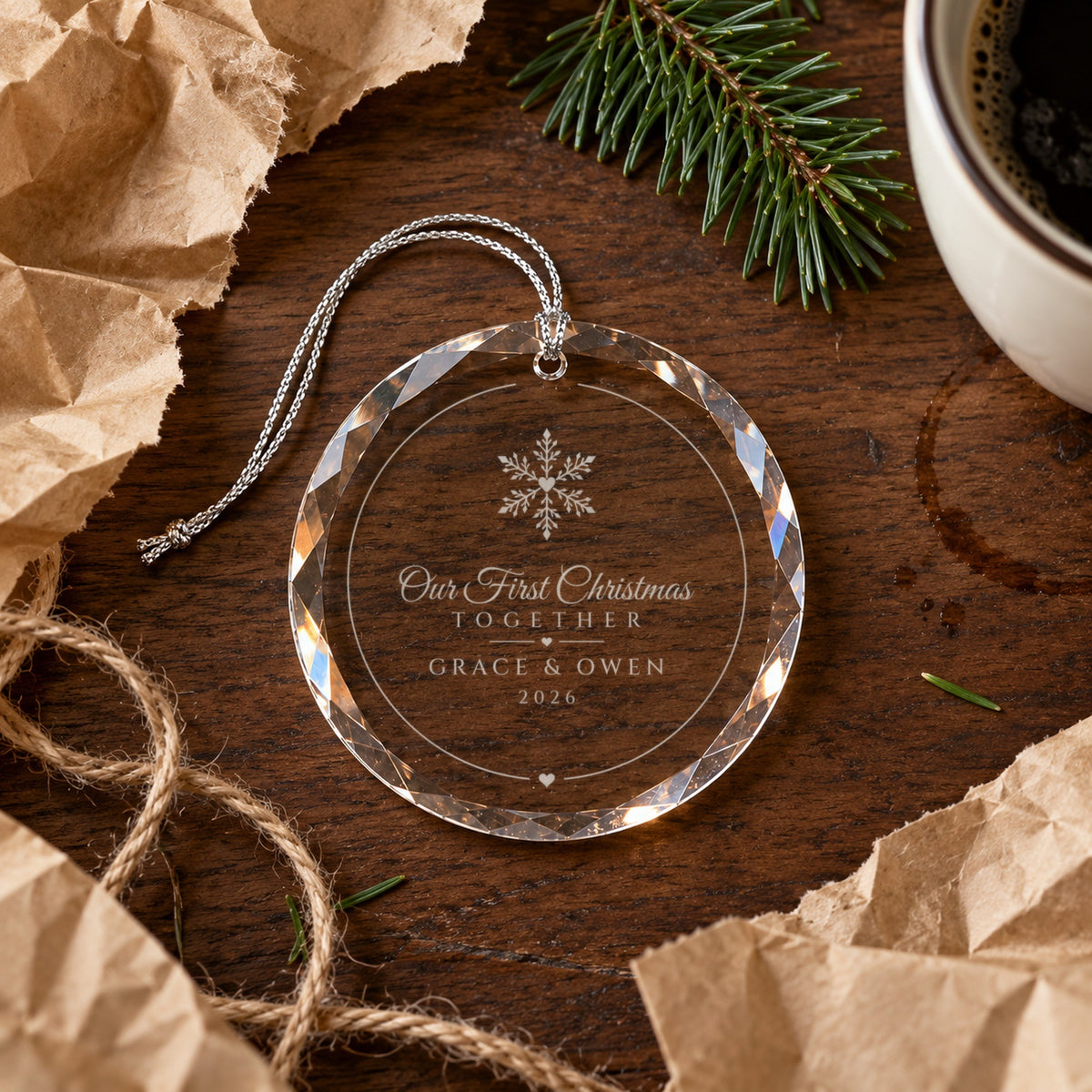 Our First Christmas Together ornament in the Classic Snowflake design just unwrapped from kraft paper on a walnut table, engraved GRACE & OWEN, 2026