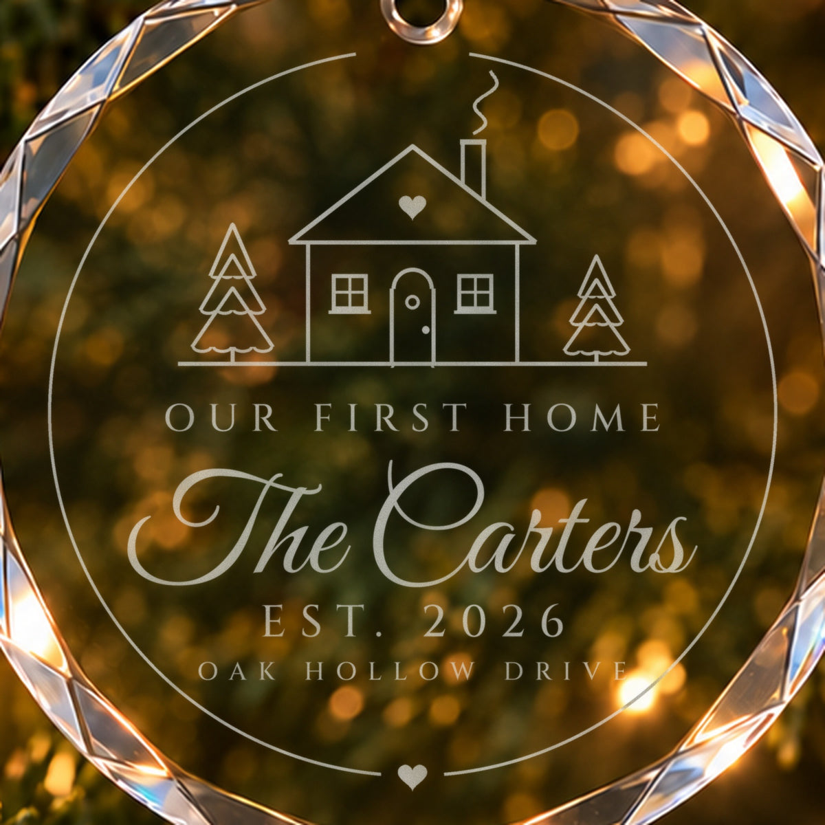 Close-up of the frosted engraving on the first home Christmas ornament: cottage with two pines, OUR FIRST HOME, The Carters, EST. 2026