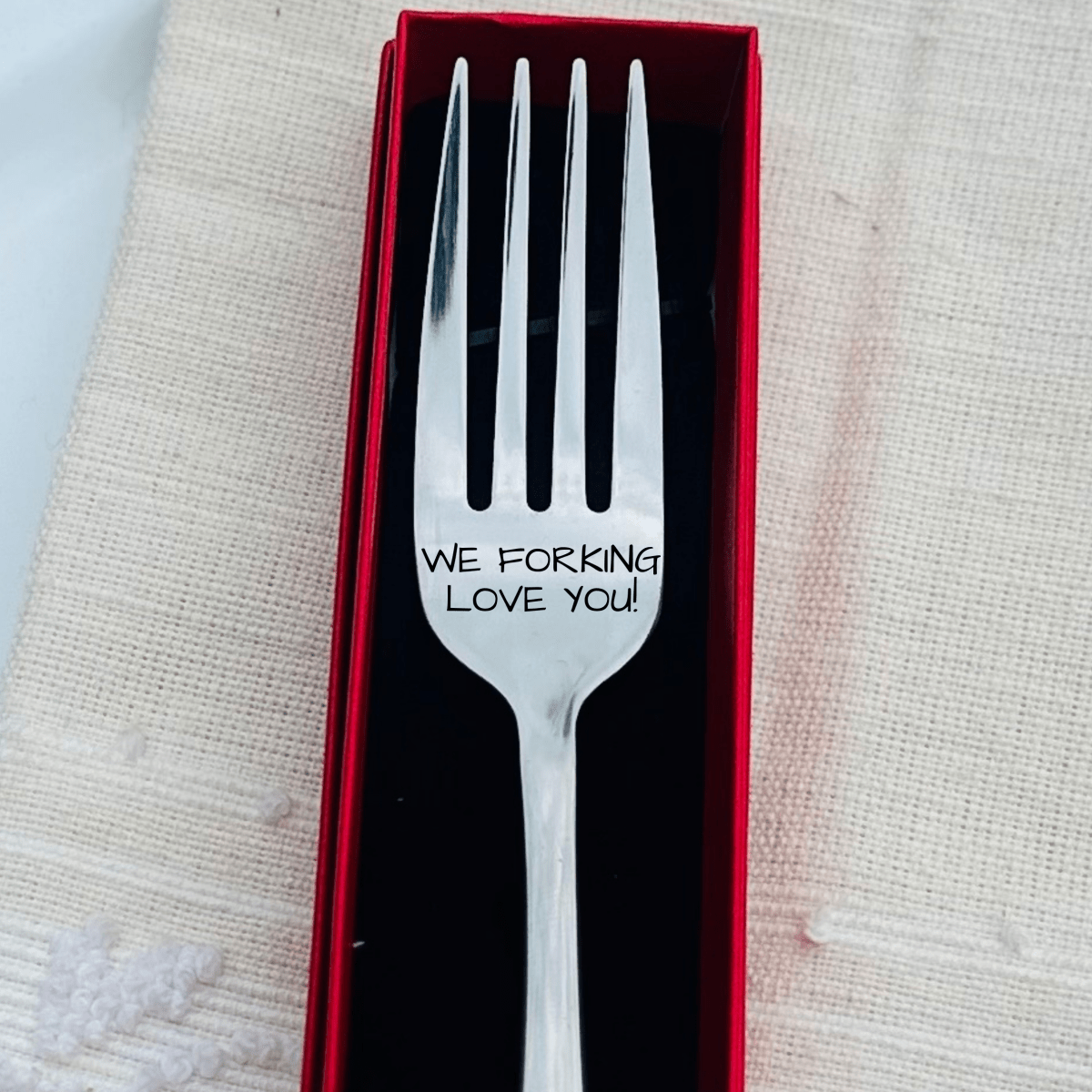 Quirky Custom Engraved Fork in red gift box with personalized message on stainless steel handle